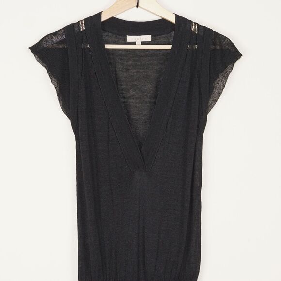 Sandro Black Linen Blend Knit Drawstring Waist V Neck Dress Womens Sz 1 US S - Picture 2 of 11